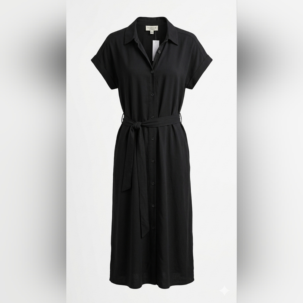 Studio B by Bobeau Black Midi Shirtdress Button Front Tie Waist Cap Sleeve M‎